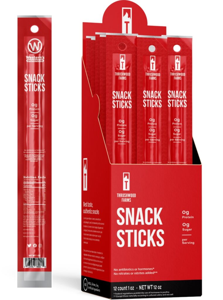 Image of a caddy box of individually wrapped meat snack sticks. The meat sticks can be .5 ounces to 3 ounces in size. 